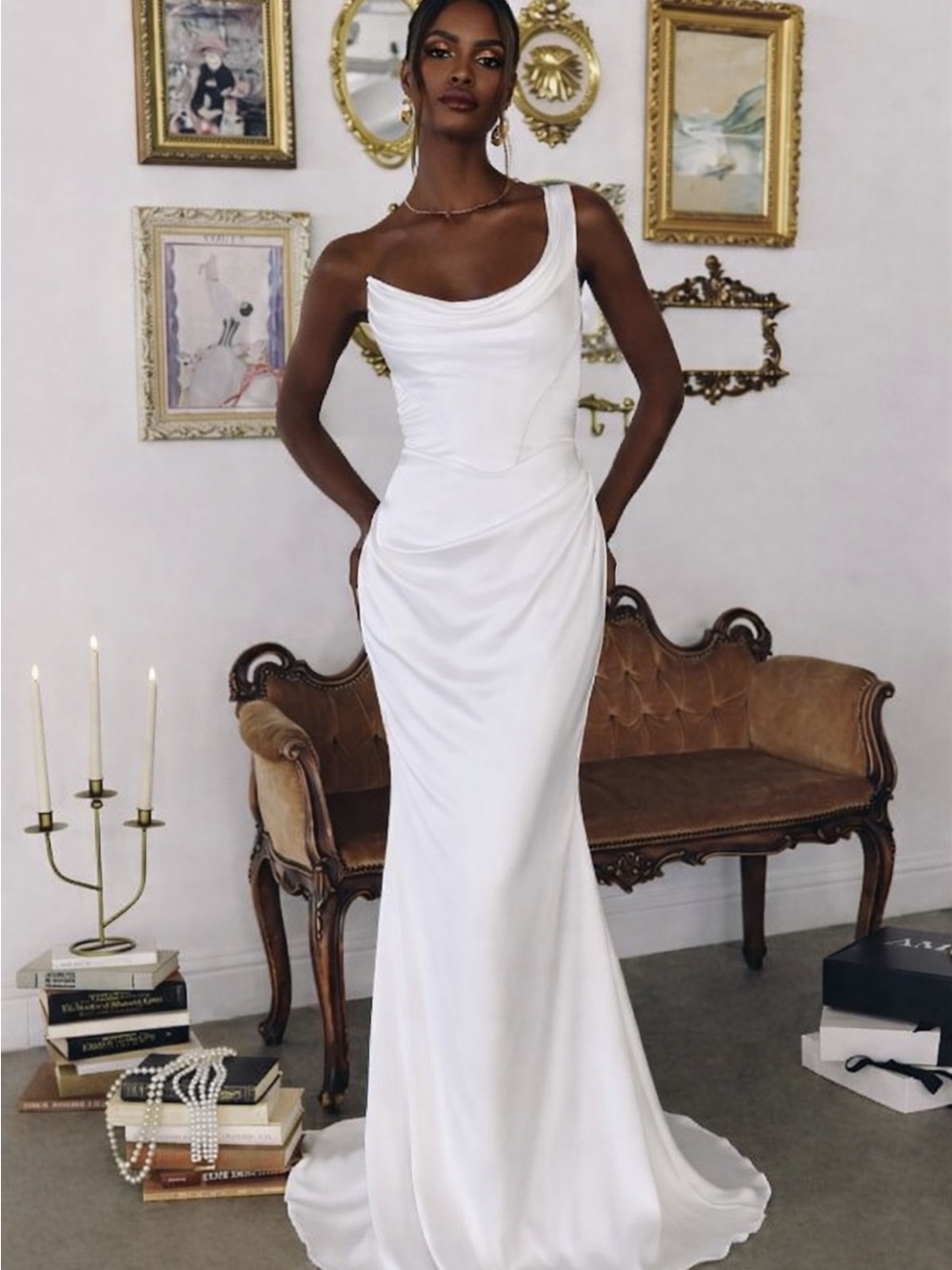 One-Shoulder White Evening Gown